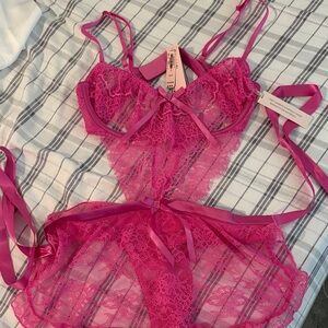 Women's Hot Pink Lace Teddy Bodysuit - Unbranded